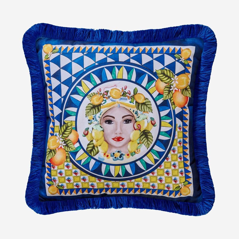 PORTOFINOLACİVERT YÜZ DESENLİ YASTIK45*45 CM